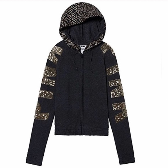 🔥VS Pink **RARE** gold bling full-zip hoodie sweatshirt jacket sz XS EUC - Picture 5 of 17